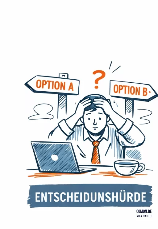 Projektleiter am Laptop zwischen „Option A“ und „Option B“, Hände am Kopf – Entscheidungshürde im Projekt. Entscheidungshürden professionell überwinden!