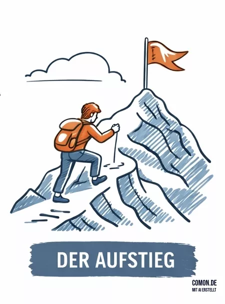 Projektleiter erklimmt einen Berg mit Fahne am Gipfel – Aufstieg vom Problem zur Lösung im internationalen Projekt.