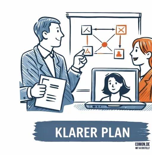 Team bespricht einen Plan am Whiteboard, Video-Call im Laptop – klarer Projektplan für verteilte Teams.